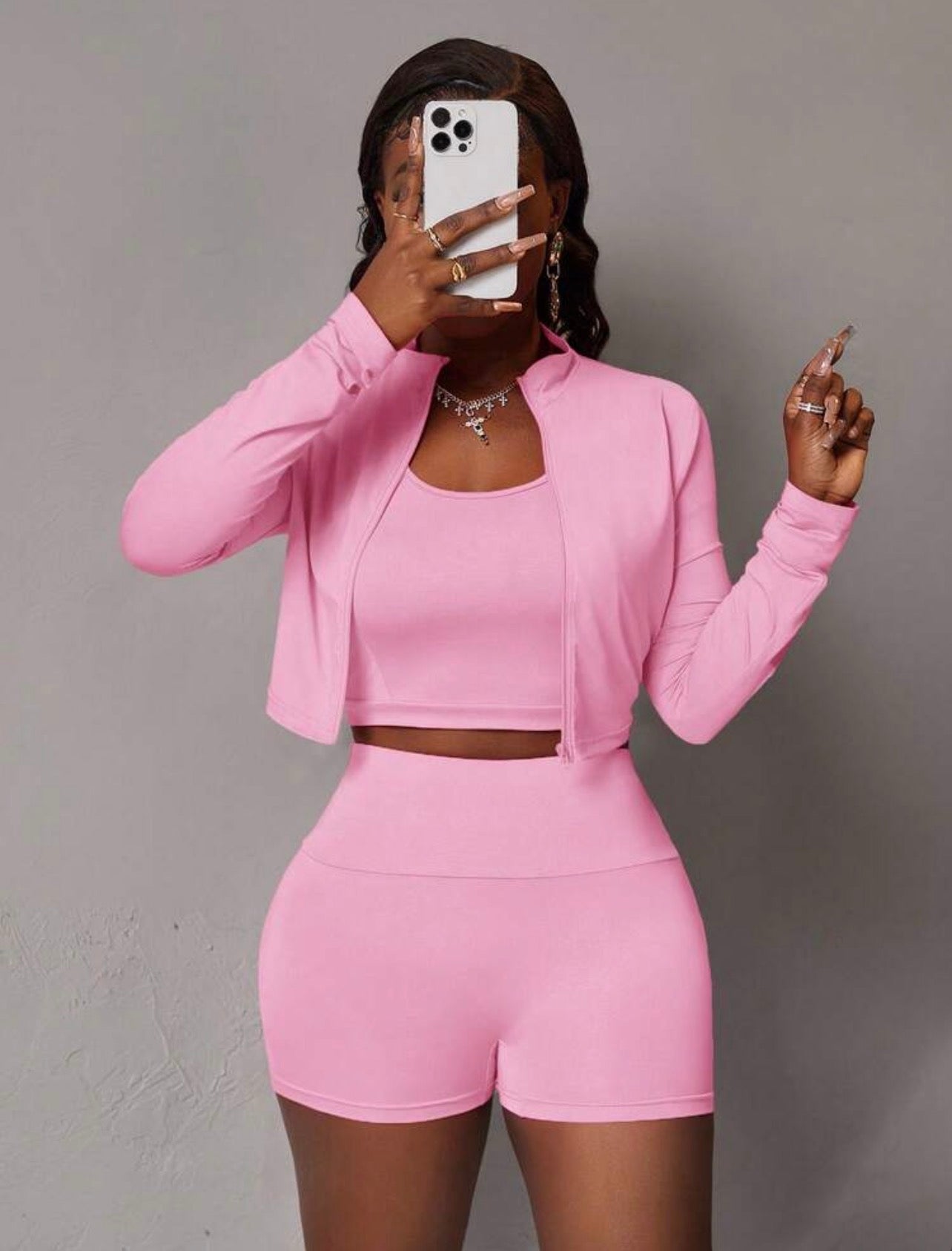 Women’s 3-Piece Sporty Summer Set with Half-Zip Jacket, Sleeveless Crop Top & Shorts