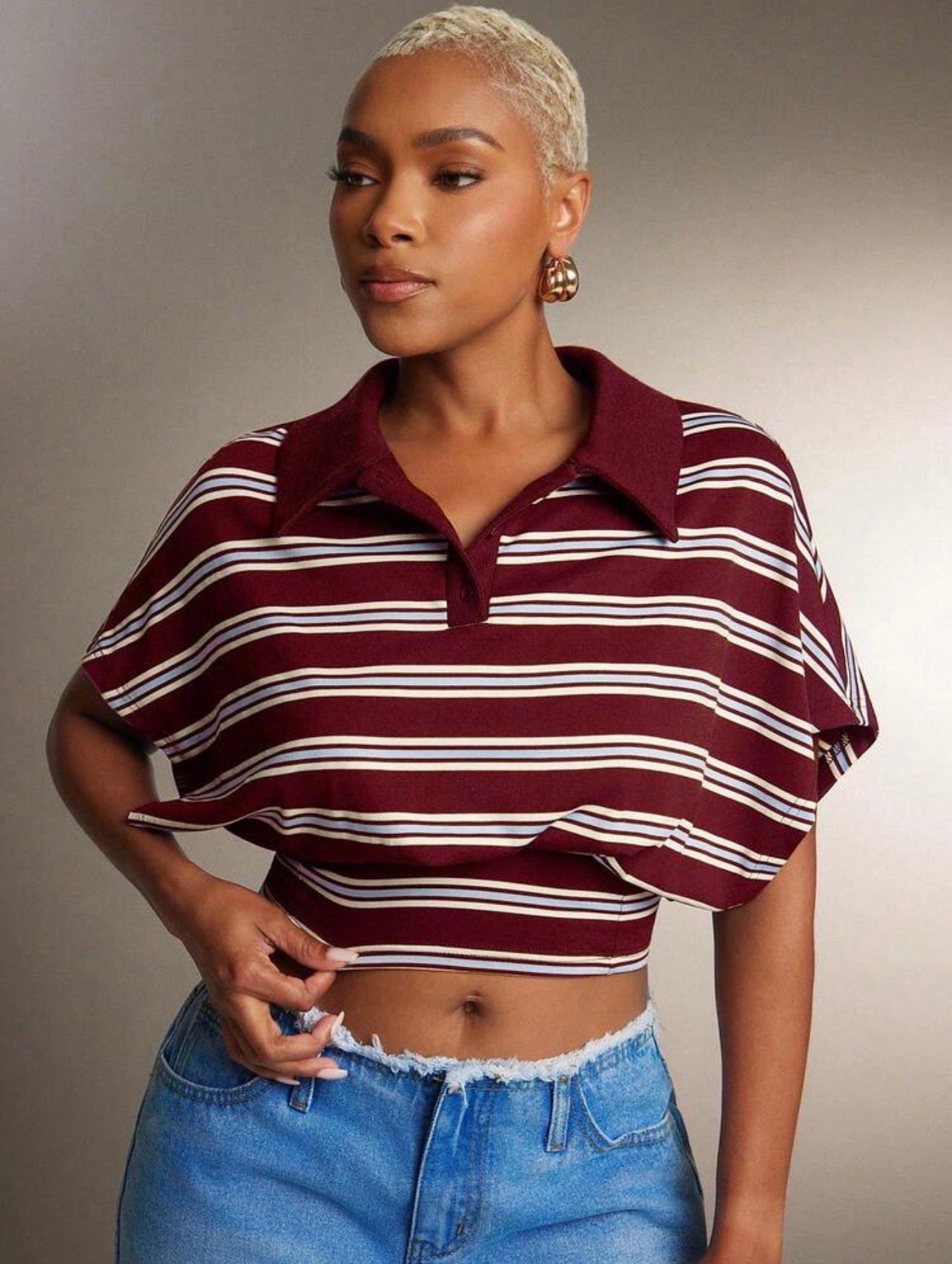 Women’s Cinched Waist Striped Polo Collar Top – Fashion Casual Shirt