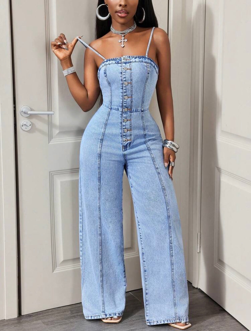 Women’s Front Button Strap Denim Jumpsuit – Casual Cotton One-Piece Outfit