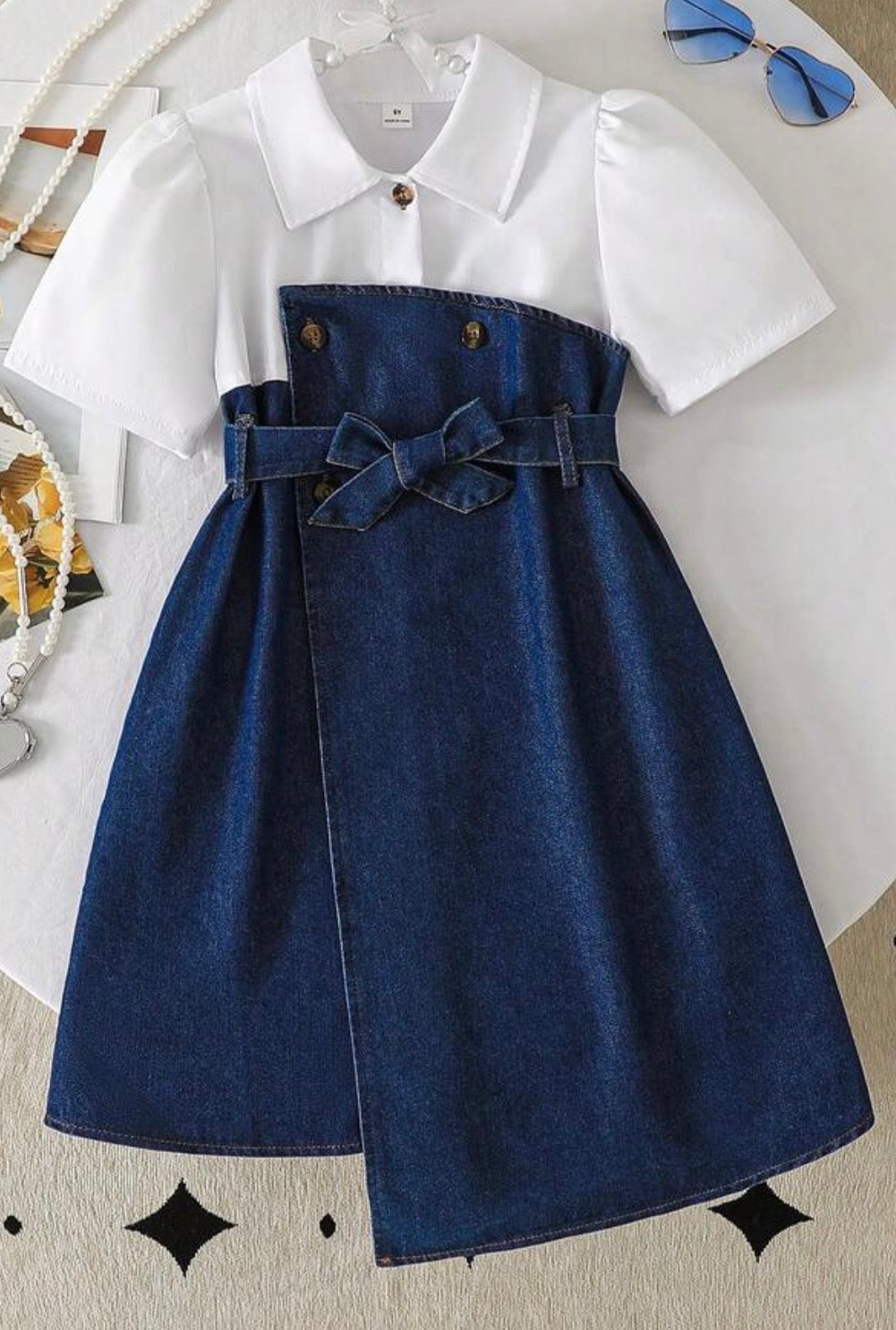 Girls Elegant Collar Top & Irregular Denim Skirt Dress with Belt
