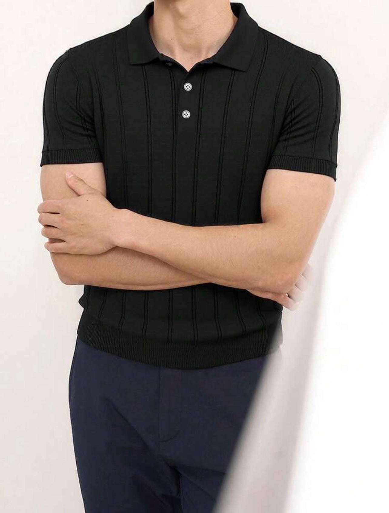 Men’s Ribbed Knit Polo Neck Short Sleeve Top – Casual Daily Wear Shirt