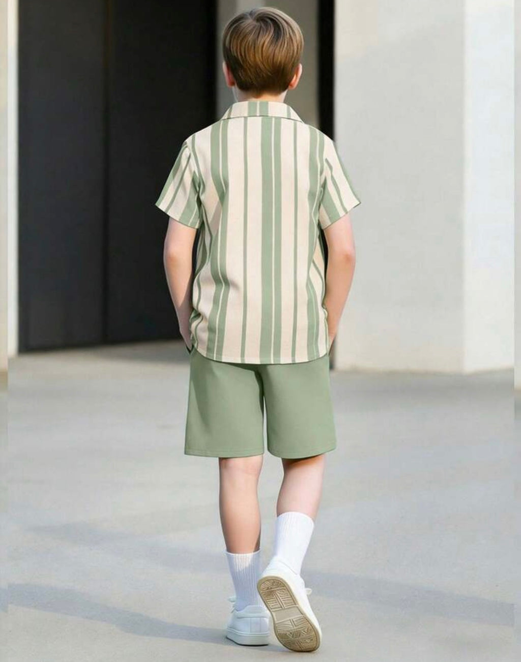 Boys Vertical Stripe Short Sleeve Shirt & Solid Shorts Casual Summer Set