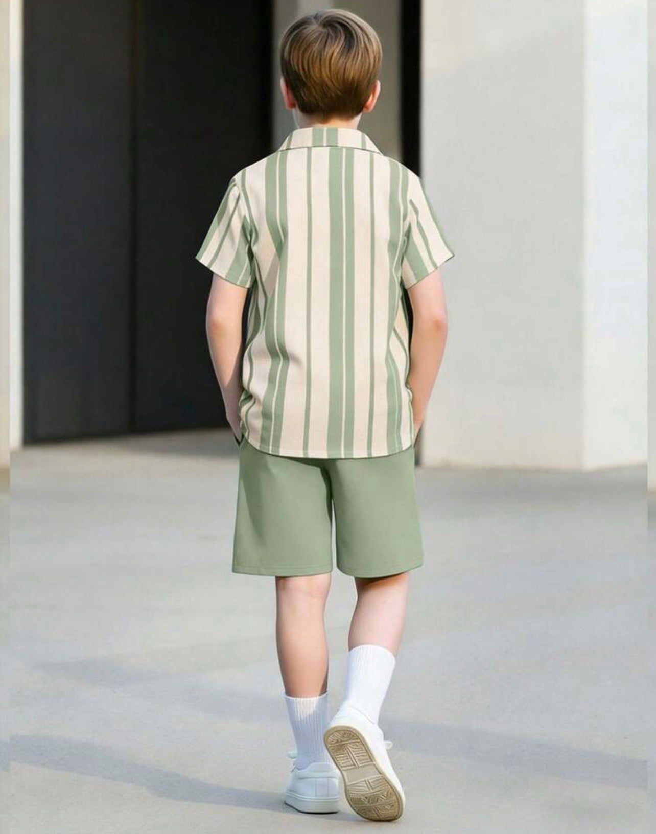 Boys Vertical Stripe Short Sleeve Shirt & Solid Shorts Casual Summer Set