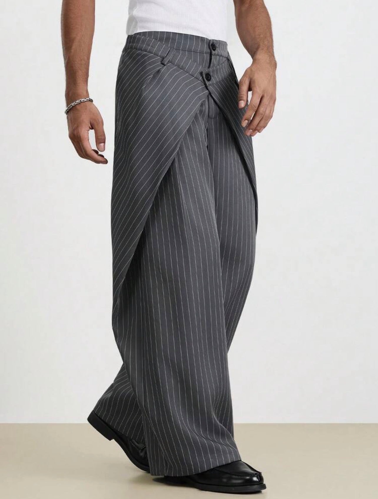 Men’s Yarn-Dyed Pinstripe Wide Leg Trousers – Relaxed Casual Streetwear Pants