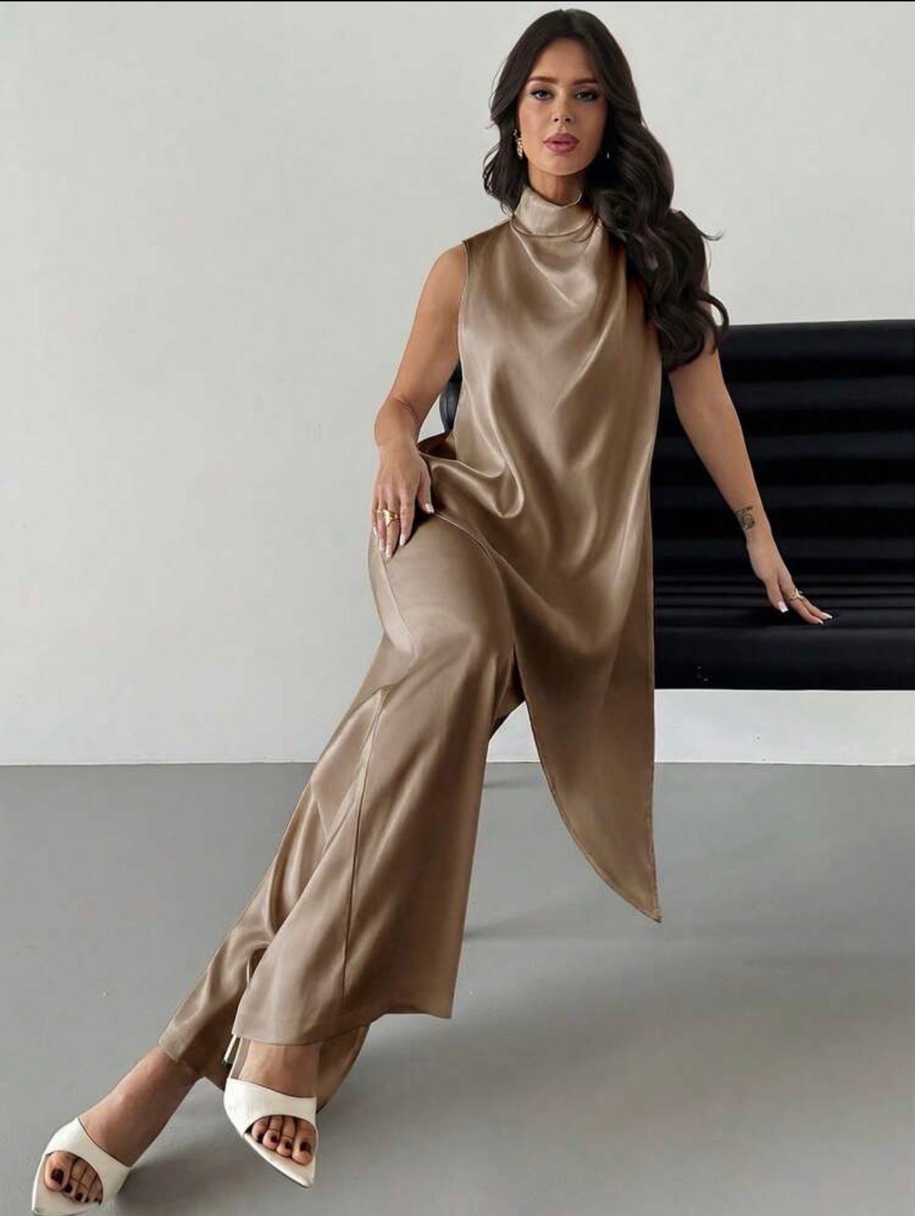 Women’s Satin Sleeveless Pleated Collar Blouse & Straight Leg Pants Elegant Two-Piece Set