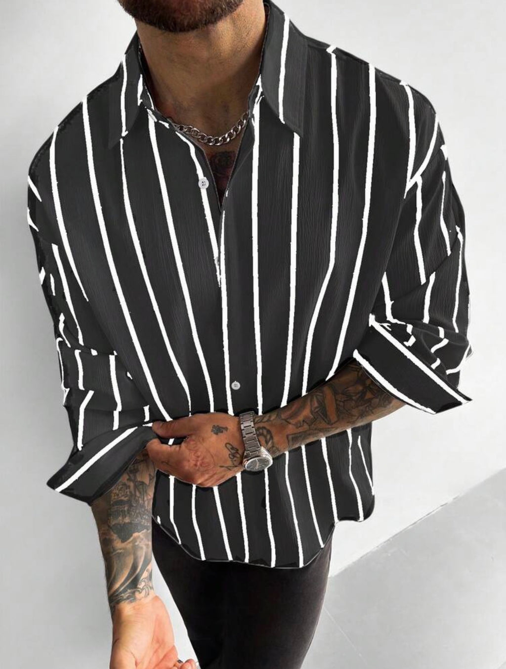 Men’s Classic Striped Linen-Feel Long Sleeve Button-Down Shirt – Casual Office Top