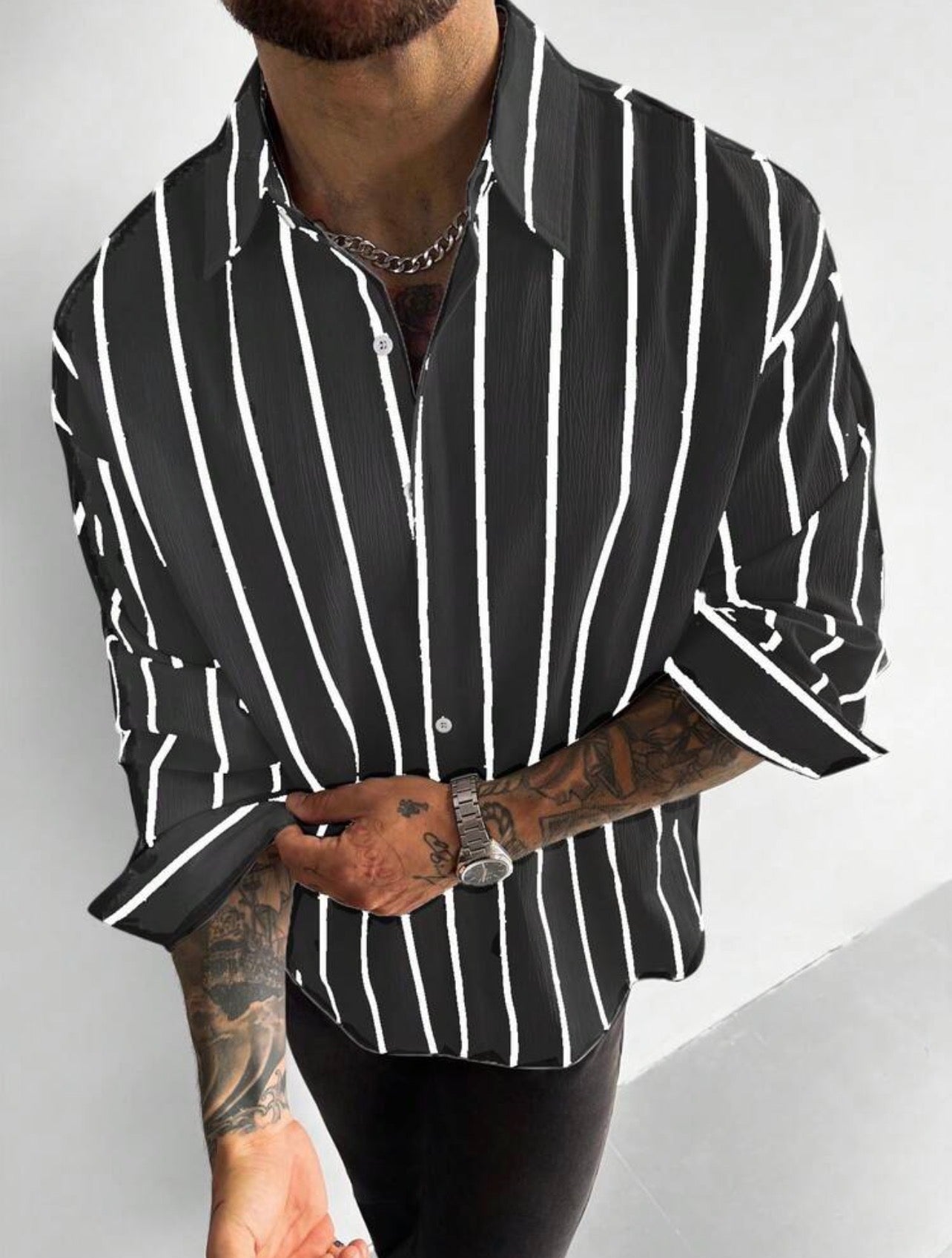 Men’s Classic Striped Linen-Feel Long Sleeve Button-Down Shirt – Casual Office Top