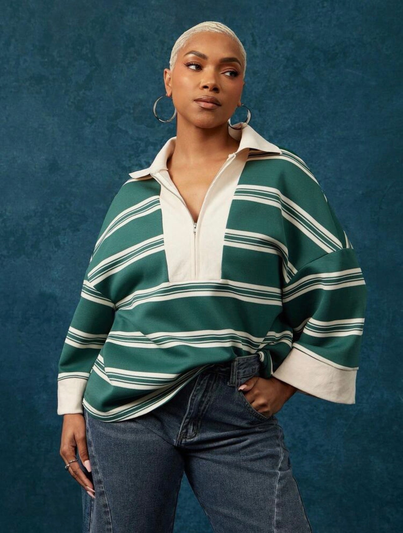 Women’s Striped Half Zip Quarter Sleeve Collared Oversized Top – Casual Everyday Wear