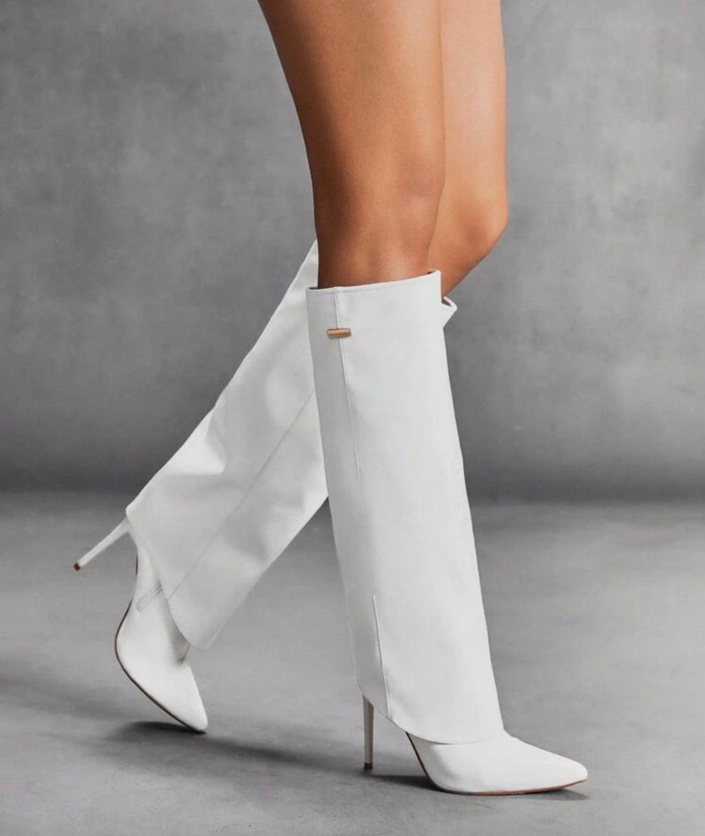 Women’s White Pointed Toe Knee-High Boots with Metal Accent & Slim High Heel