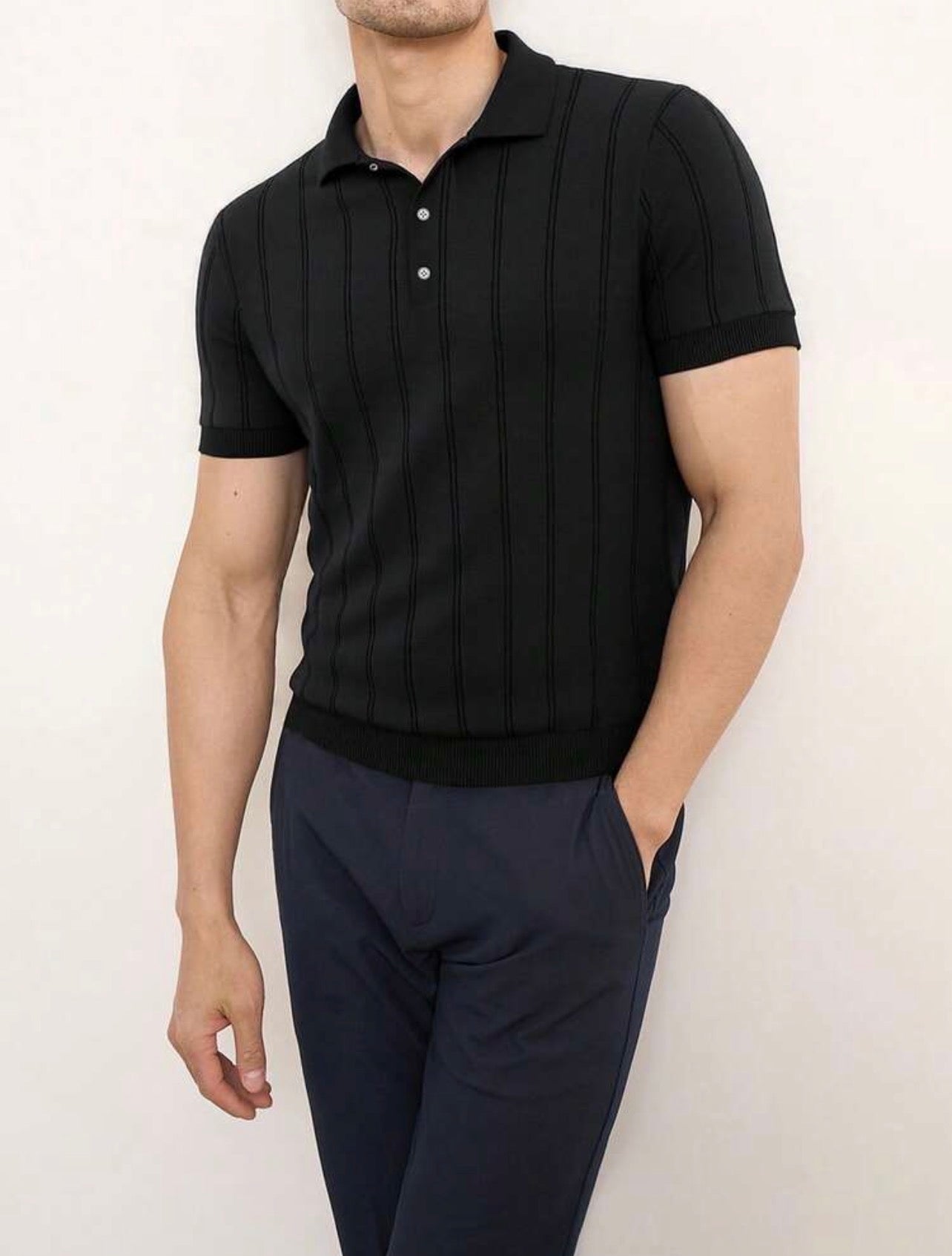 Men’s Ribbed Knit Polo Neck Short Sleeve Top – Casual Daily Wear Shirt