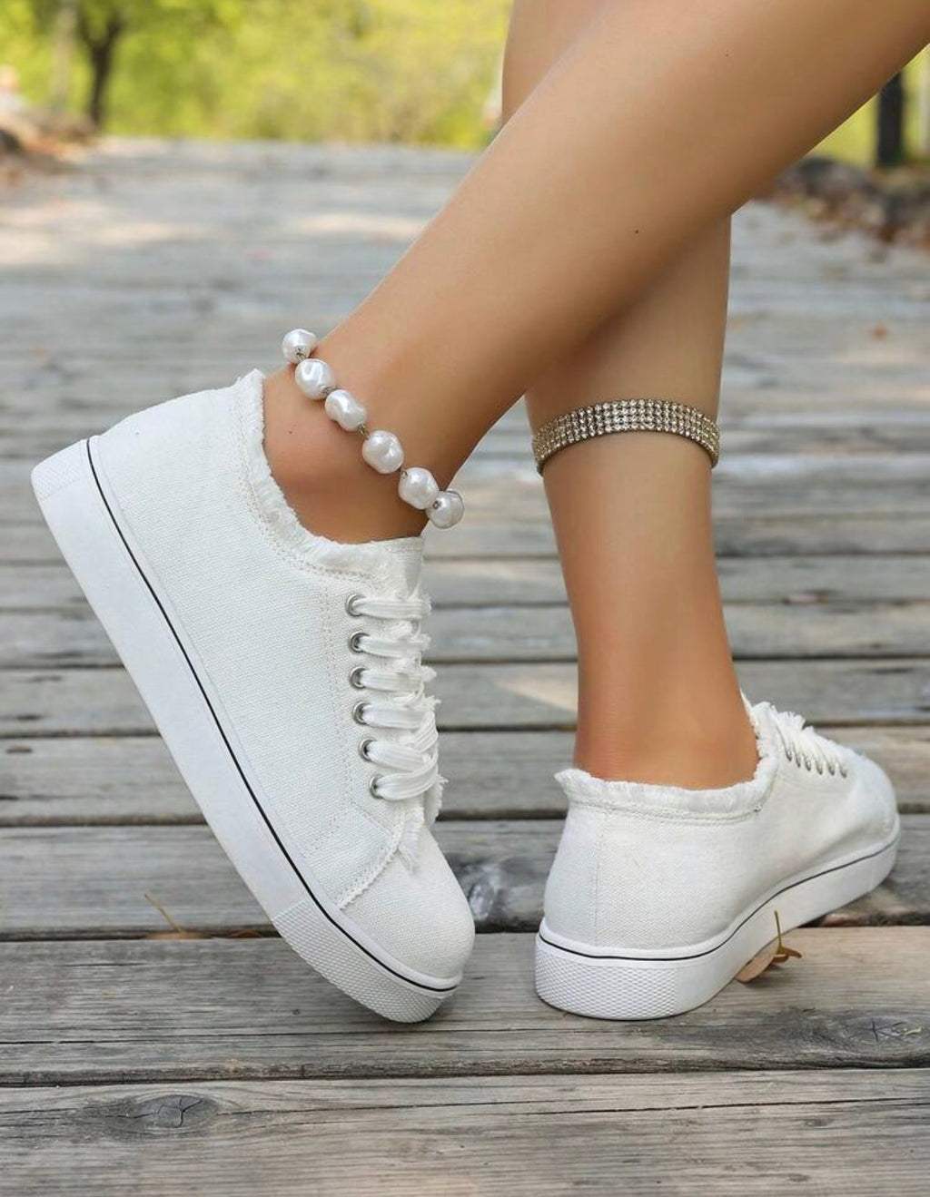 Women’s Round Toe Lace-Up Canvas Sneakers with Frayed Detail for Everyday Casual Wear