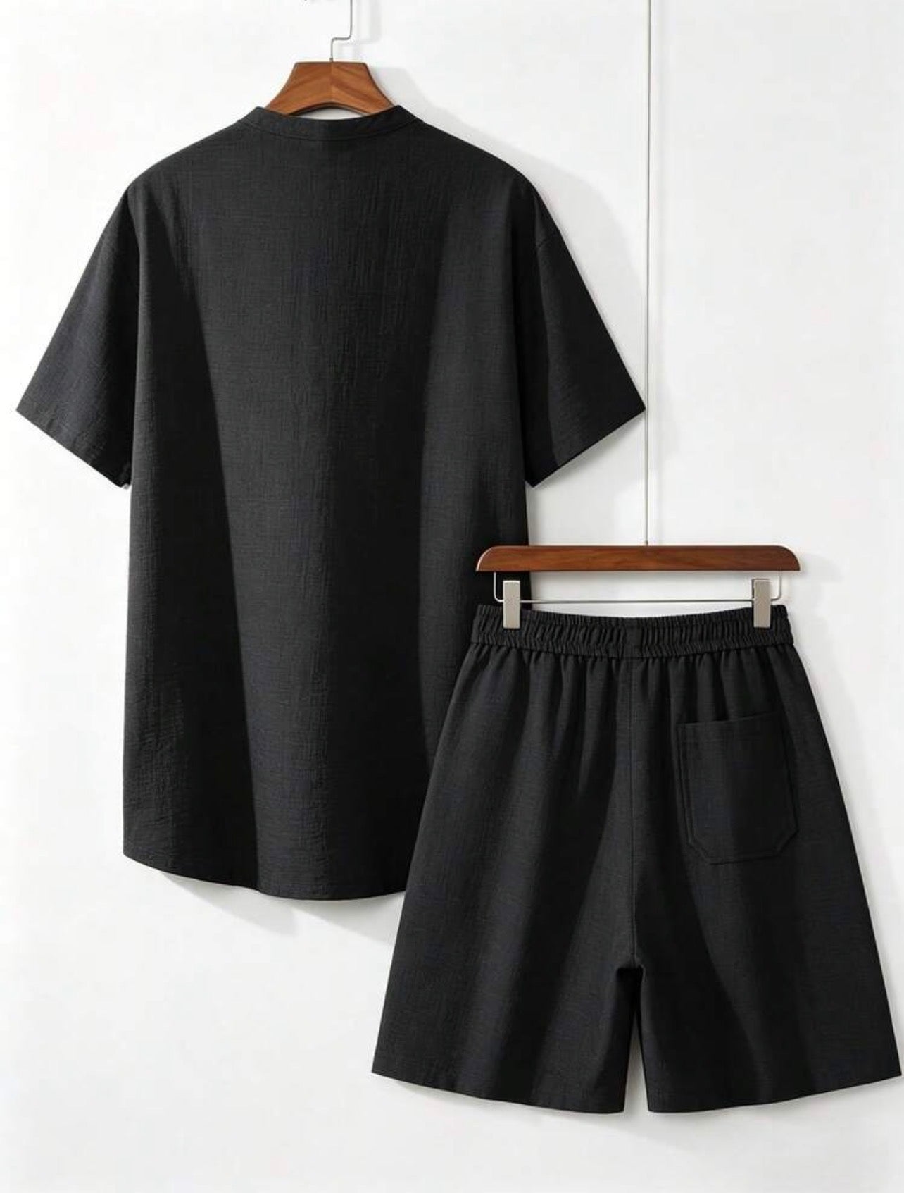 Men’s Linen-Look Henley Neck Polo Shirt & Shorts Two-Piece Set – Casual Summer Outfit
