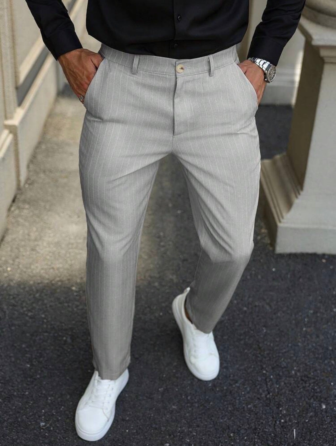 Men’s Striped Tapered Loose Fit Suit Pants with Pockets – Casual Formal Trousers