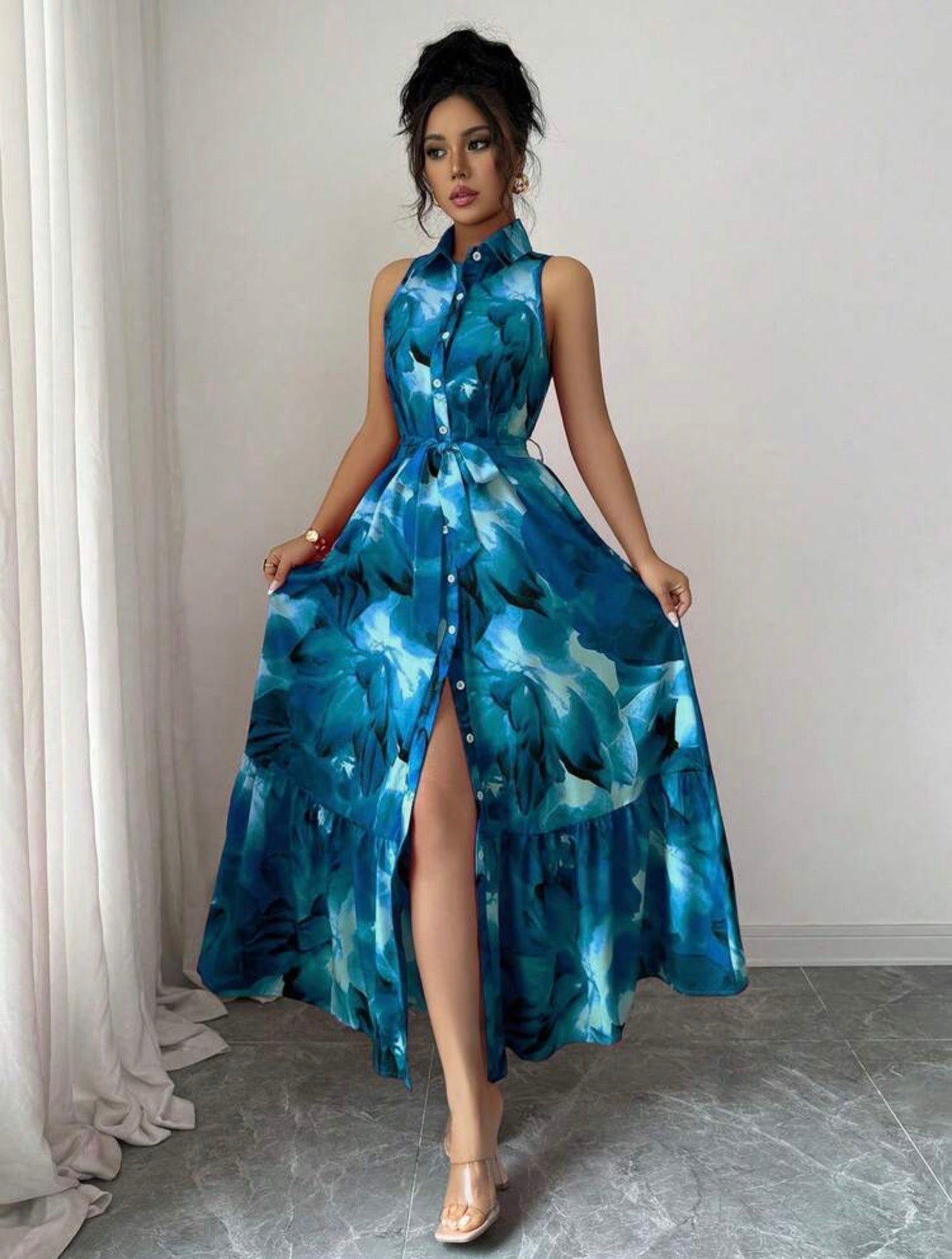 Women’s Floral Print Button-Down Sleeveless Casual Dress – Summer Wear