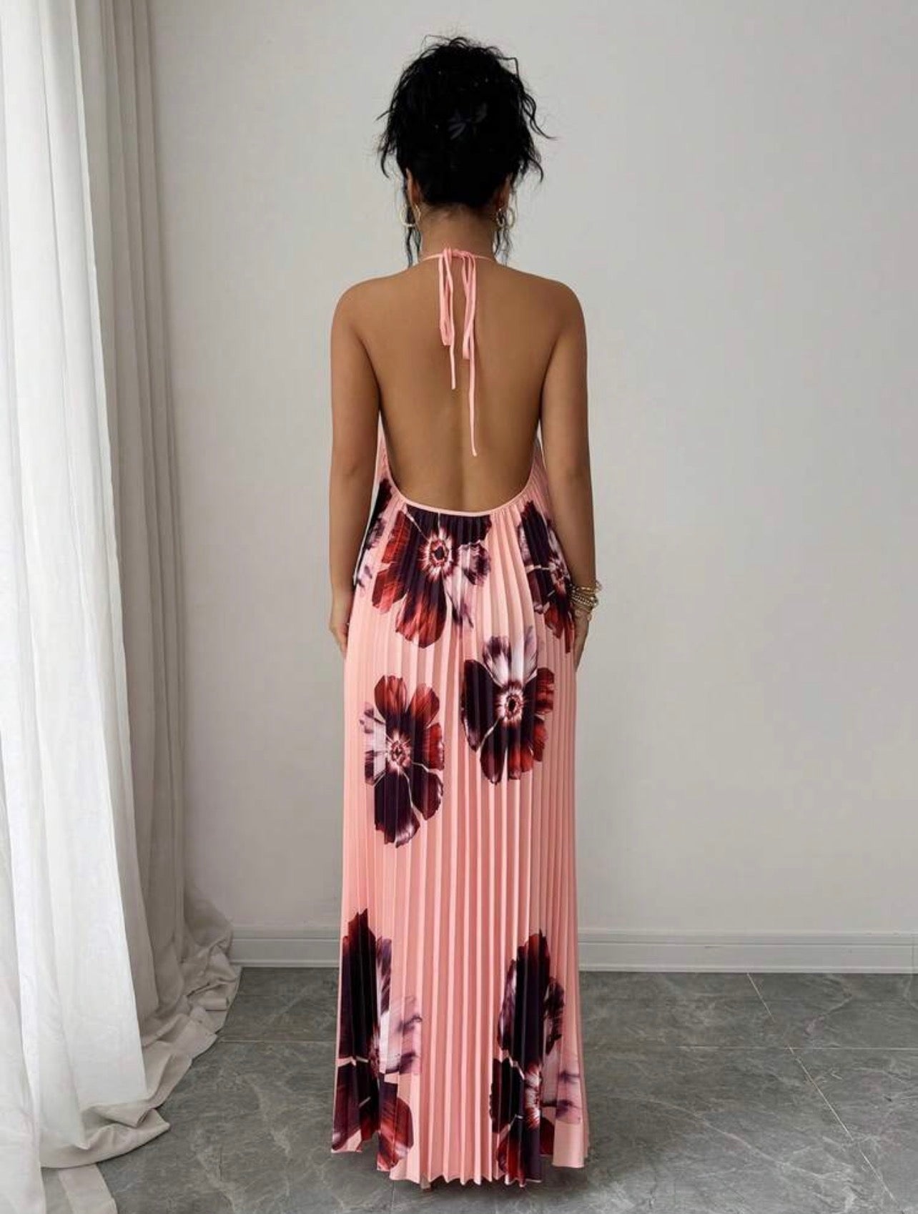 Women’s Loose Fit Pleated Printed Maxi Dress – Elegant Casual Vacation Style