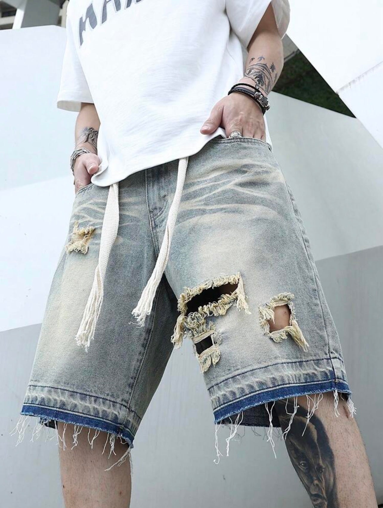 Men’s Ripped Frayed Raw Hem Oversized Denim Shorts – Baggy Distressed Streetwear Jorts