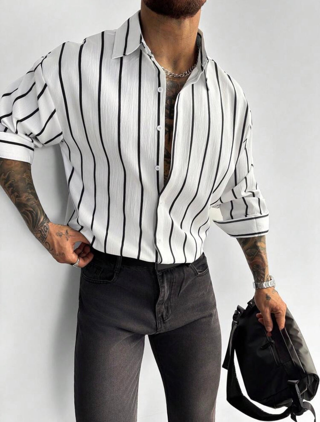 Men’s Classic Striped Linen-Feel Long Sleeve Button-Down Shirt – Casual Office Top