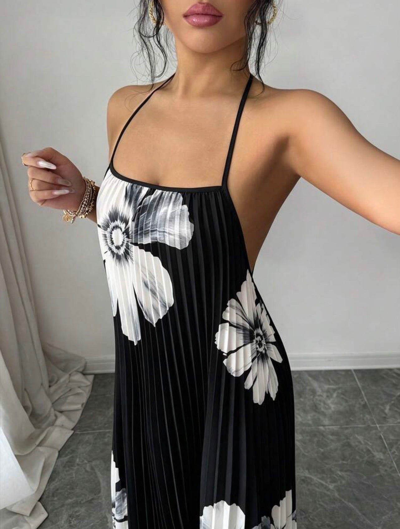 Women’s Loose Fit Pleated Printed Maxi Dress – Elegant Casual Vacation Style