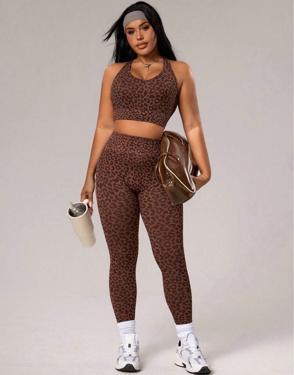 Women’s Plus Size Leopard Jacquard Camisole & Leggings Two-Piece Sports Set