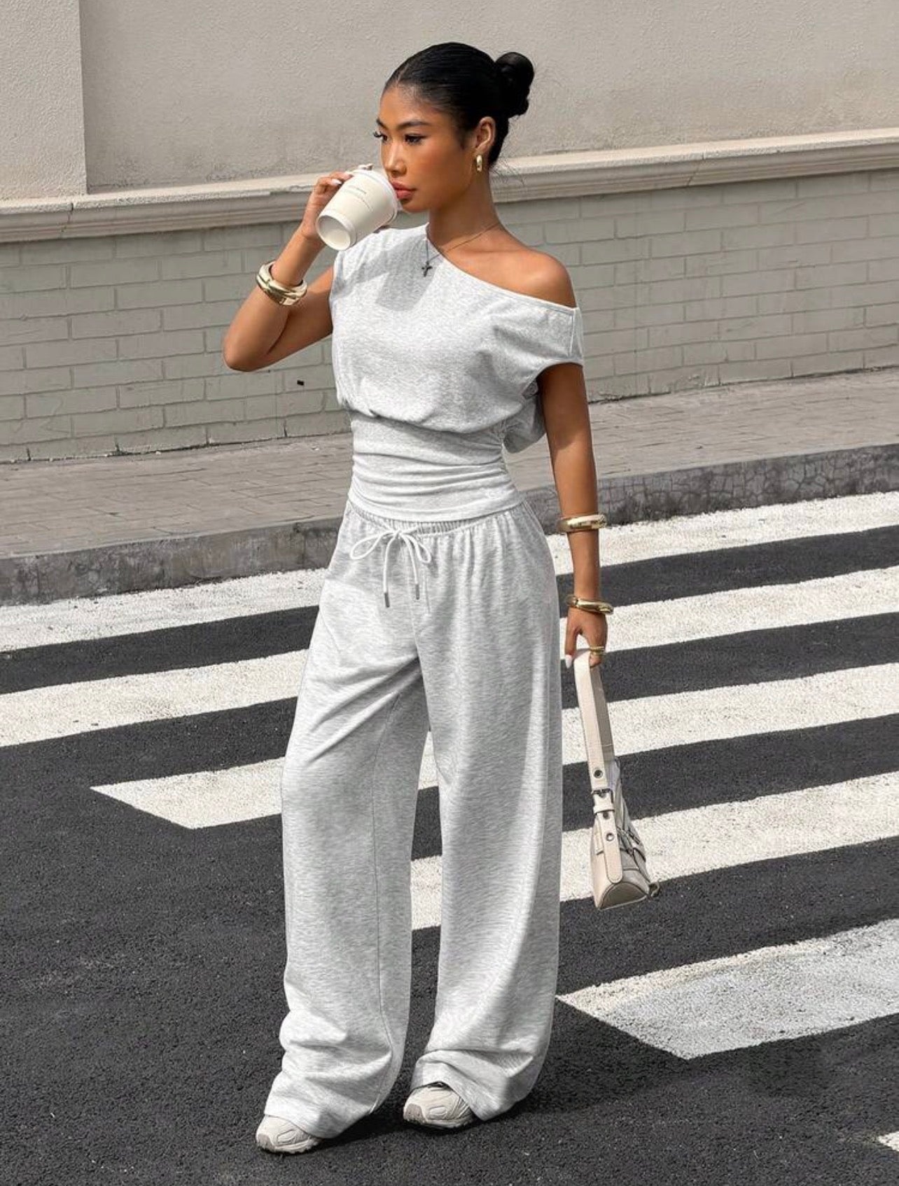 Women’s Asymmetrical Shoulder Cinched Waist Top & Loose Pants Two-Piece Set