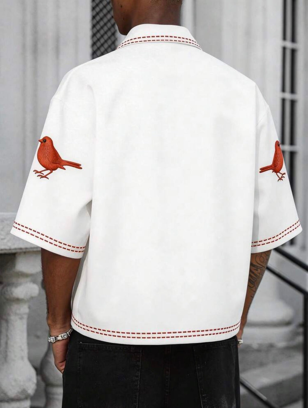 Men’s Bird Print Cuban Collar Short Sleeve Oversized Shirt – Casual Summer Beach Top