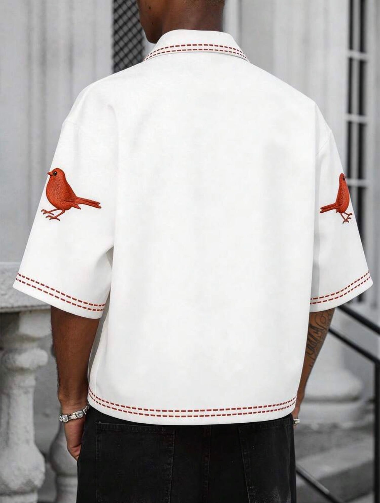 Men’s Bird Print Cuban Collar Short Sleeve Oversized Shirt – Casual Summer Beach Top
