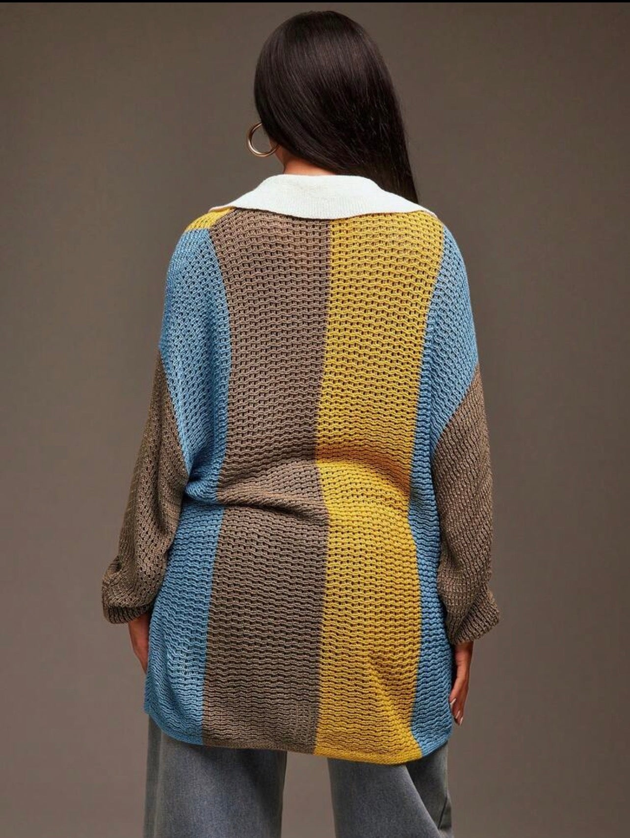 Women’s Collared Oversized Striped Knit Long Sleeve Top – Casual Streetwear