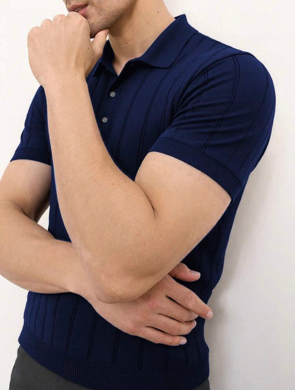 Men’s Ribbed Knit Polo Neck Short Sleeve Top – Casual Daily Wear Shirt