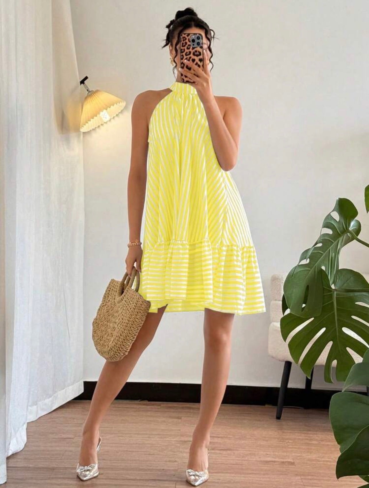 Elegant Halter Neck Sleeveless Cold Shoulder Striped Ruffle Hem Dress