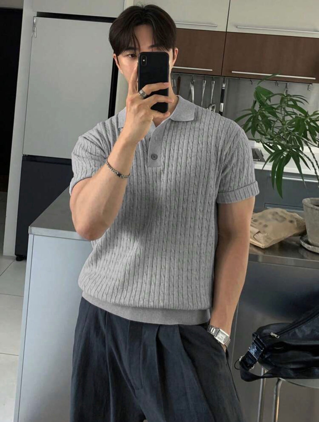 Men’s Solid Polo Neck Knit Top – Casual Short Sleeve Summer Shirt