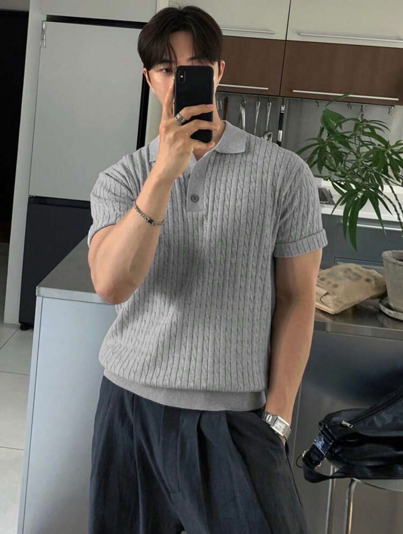 Men’s Solid Polo Neck Knit Top – Casual Short Sleeve Summer Shirt