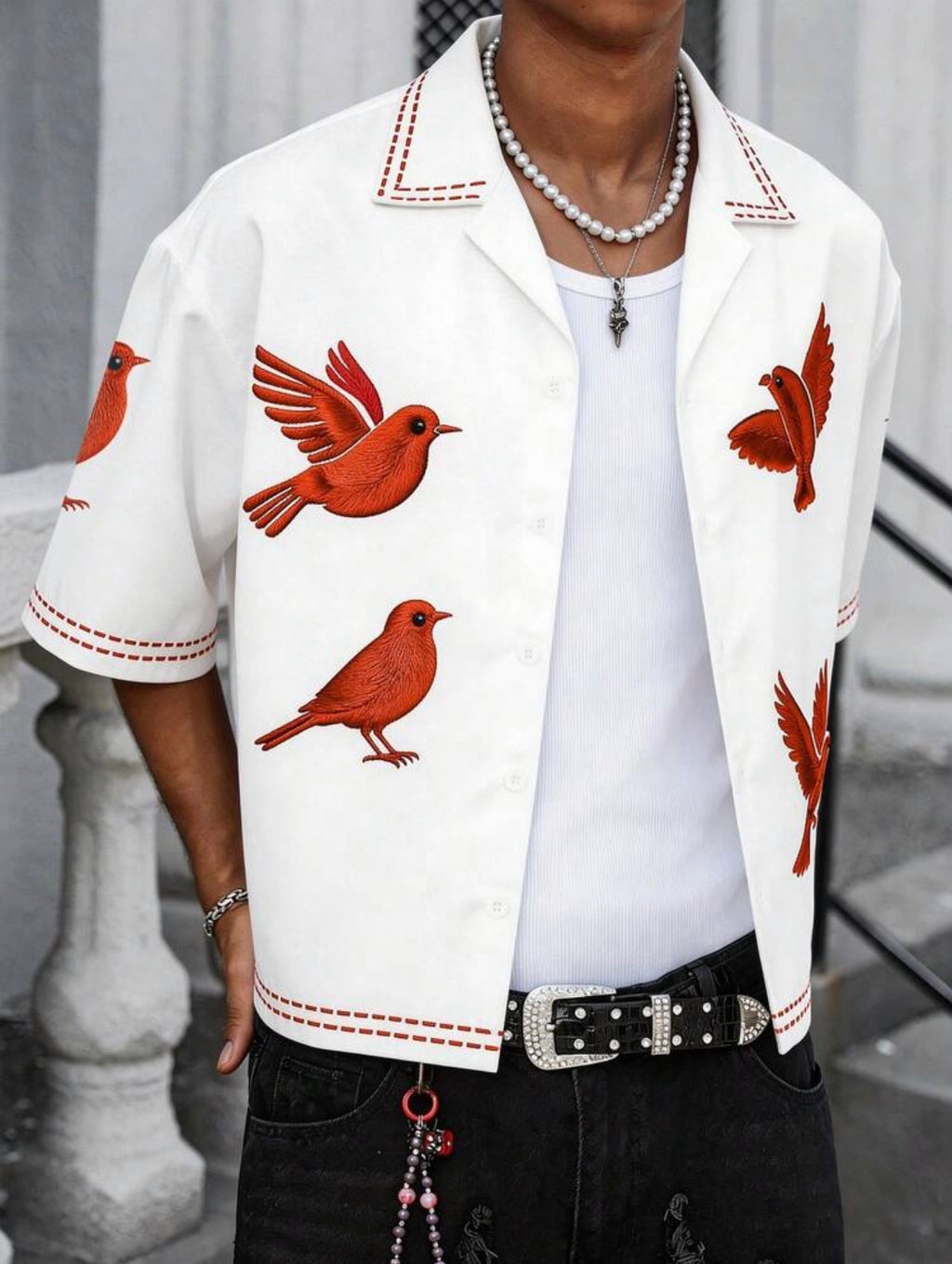 Men’s Bird Print Cuban Collar Short Sleeve Oversized Shirt – Casual Summer Beach Top